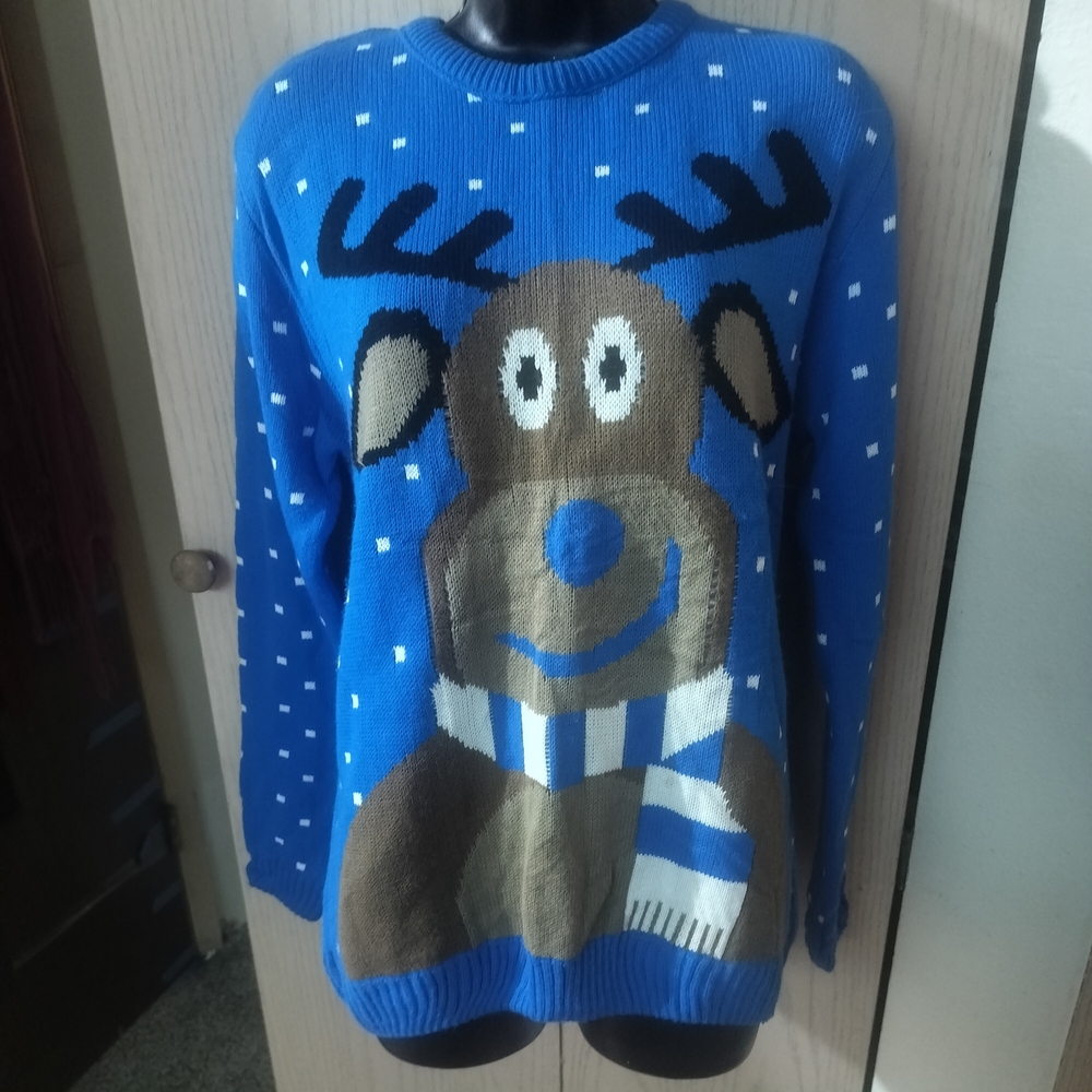 Boohoo Blue Reindeer Crewneck Sweater